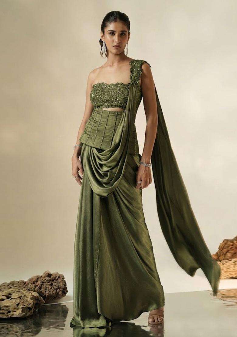 Olive Green Hand Work Chinon Pre Draped Saree Set - Indya