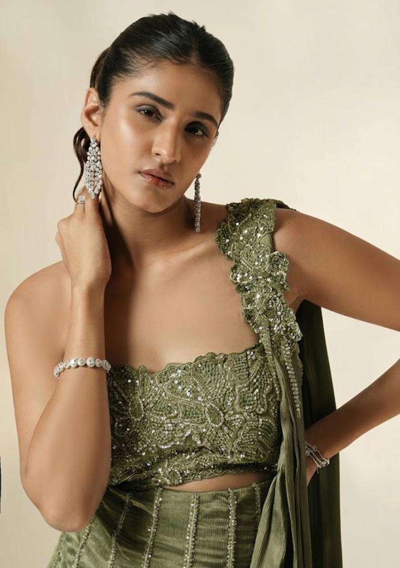 Olive Green Hand Work Chinon Pre Draped Saree Set - Indya