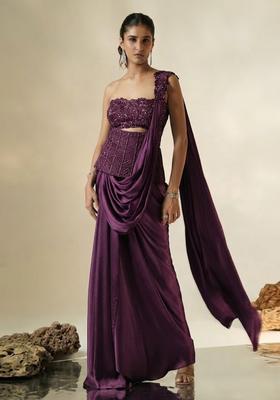 Purple Hand Work Chinon Pre Draped Saree Set