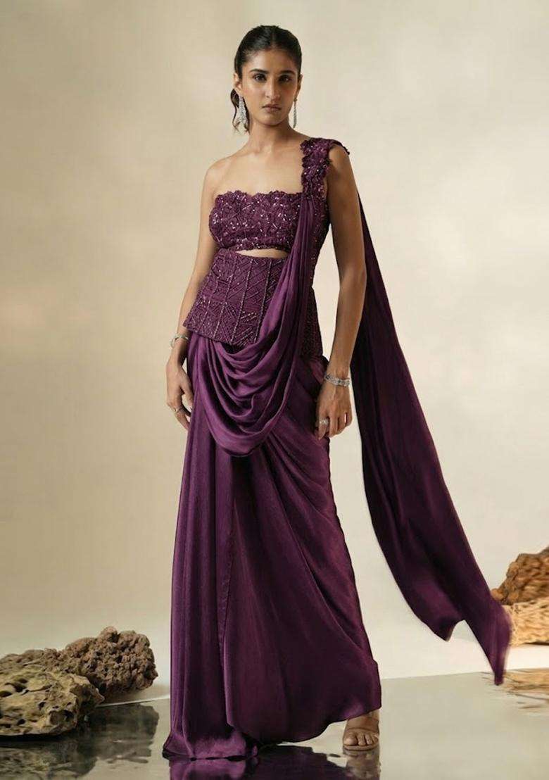 Purple Hand Work Chinon Pre Draped Saree Set - Indya
