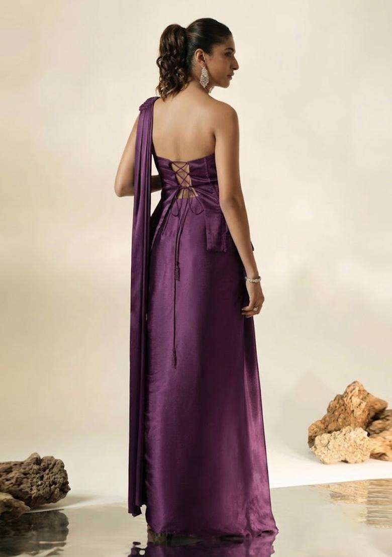 Purple Hand Work Chinon Pre Draped Saree Set - Indya