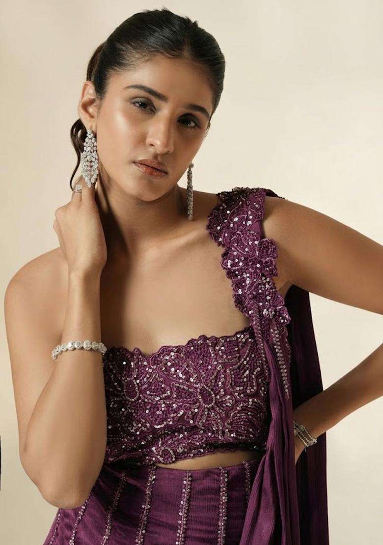 Purple Hand Work Chinon Pre Draped Saree Set - Indya