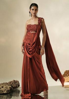 Rust Hand Work Chinon Pre Draped Saree Set