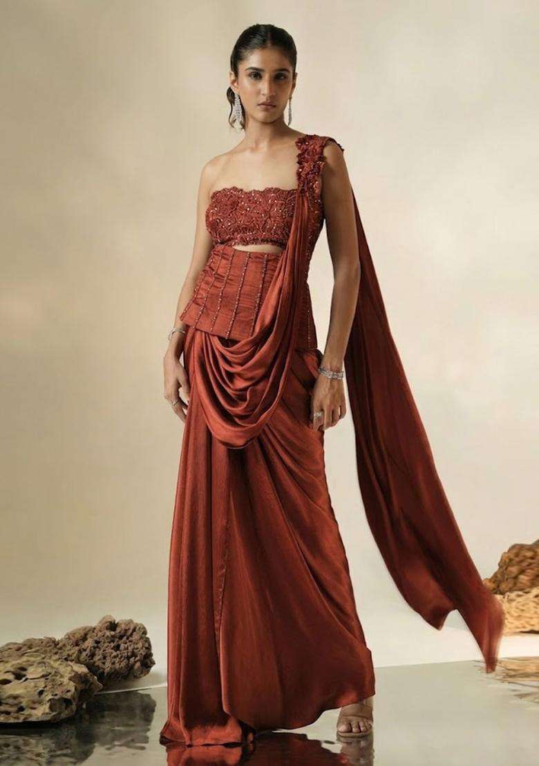 Rust Hand Work Chinon Pre Draped Saree Set - Indya