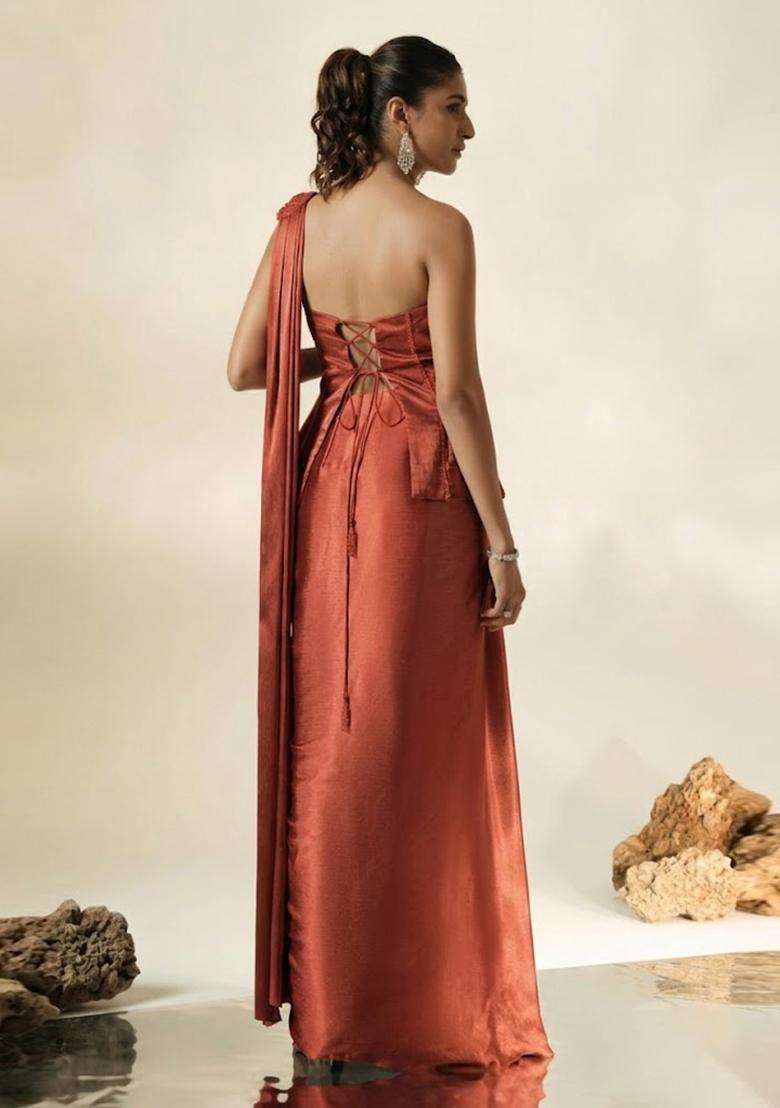 Rust Hand Work Chinon Pre Draped Saree Set - Indya