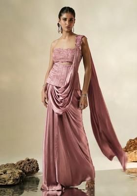Mauve Hand Work Chinon Pre Draped Saree Set