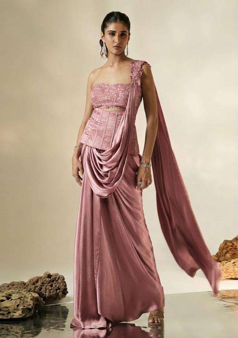 Mauve Hand Work Chinon Pre Draped Saree Set - Indya