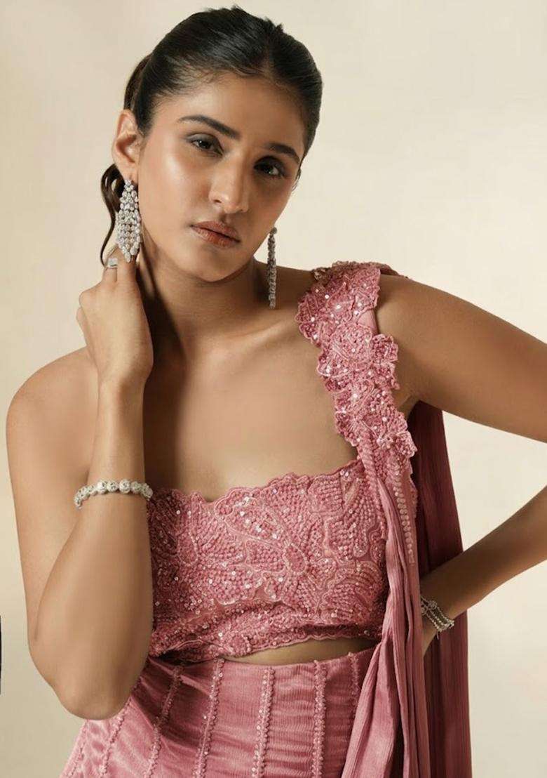 Mauve Hand Work Chinon Pre Draped Saree Set - Indya