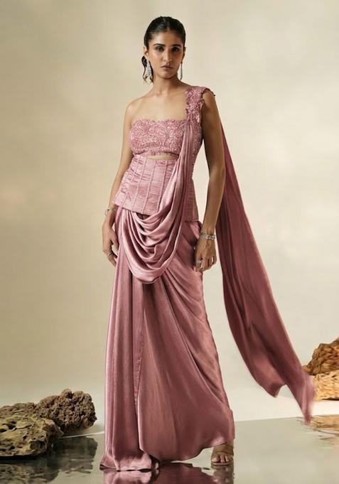 Mauve Hand Work Chinon Pre Draped Saree Set