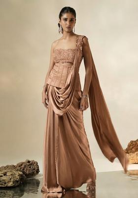 Brown Hand Work Chinon Pre Draped Saree Set
