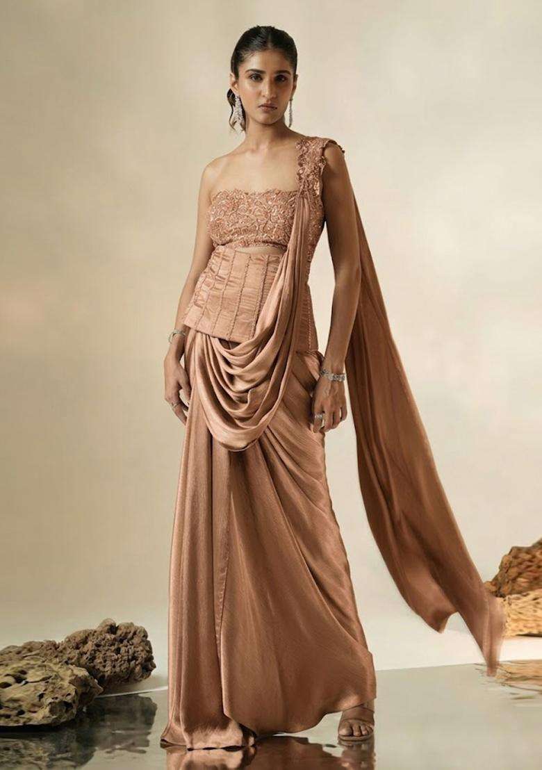 Brown Hand Work Chinon Pre Draped Saree Set - Indya