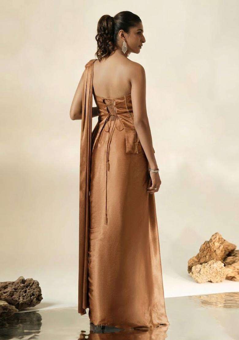 Brown Hand Work Chinon Pre Draped Saree Set - Indya