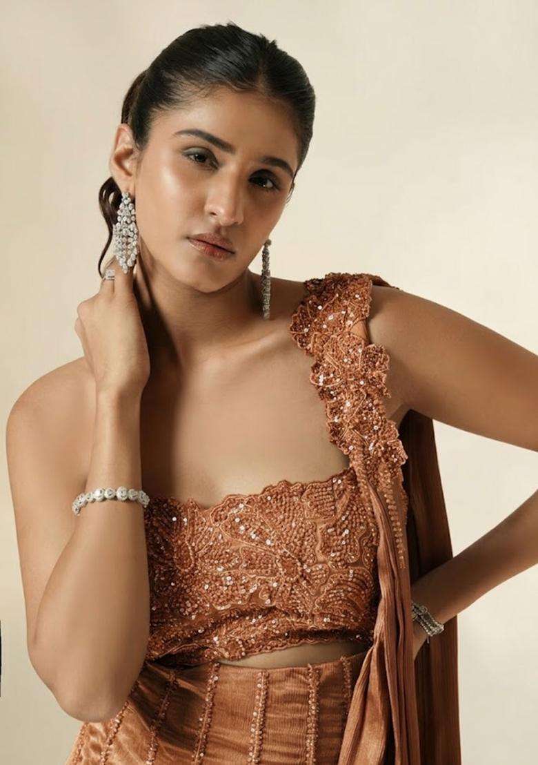 Brown Hand Work Chinon Pre Draped Saree Set - Indya