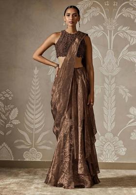 Brown Hand Work Chinon Pre Draped Saree Set