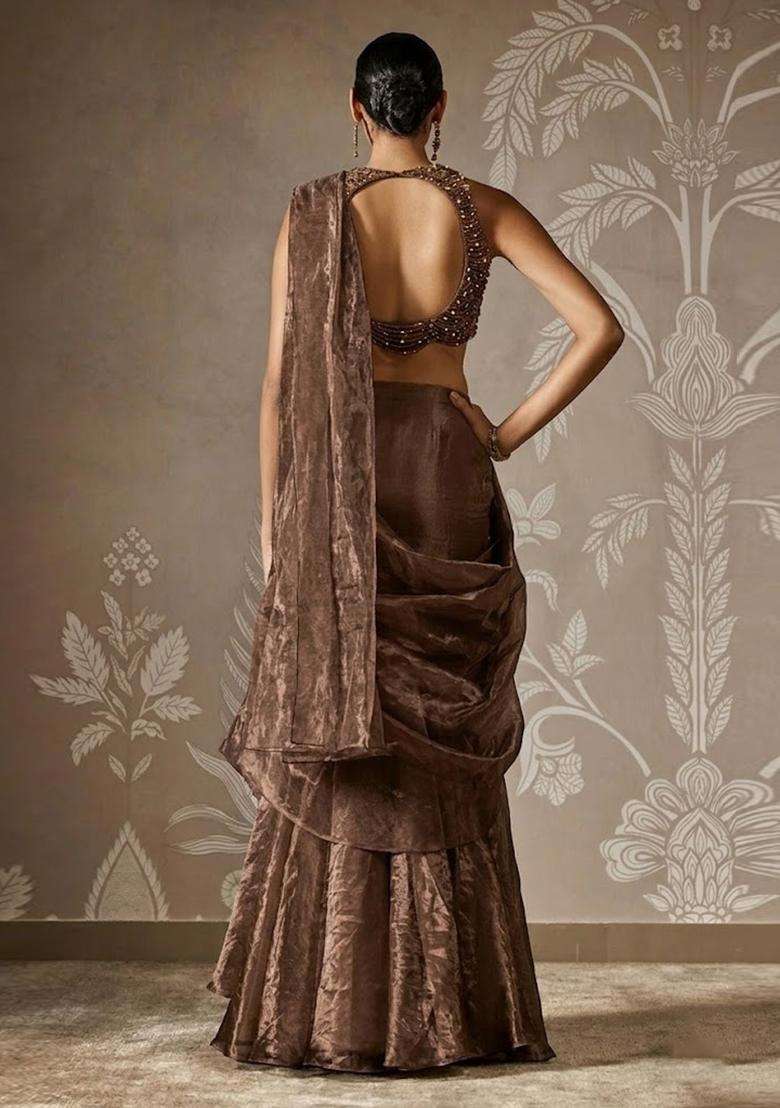 Brown Hand Work Chinon Pre Draped Saree Set - Indya