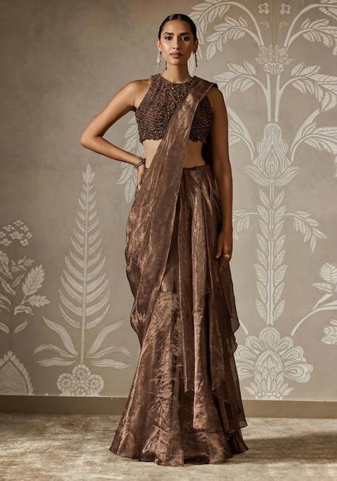 Brown Hand Work Chinon Pre Draped Saree Set