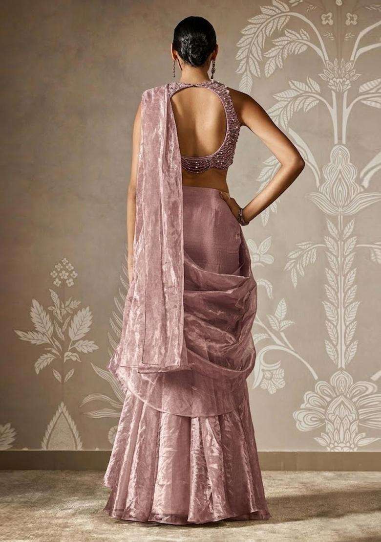 Mauve Hand Work Chinon Pre Draped Saree Set - Indya