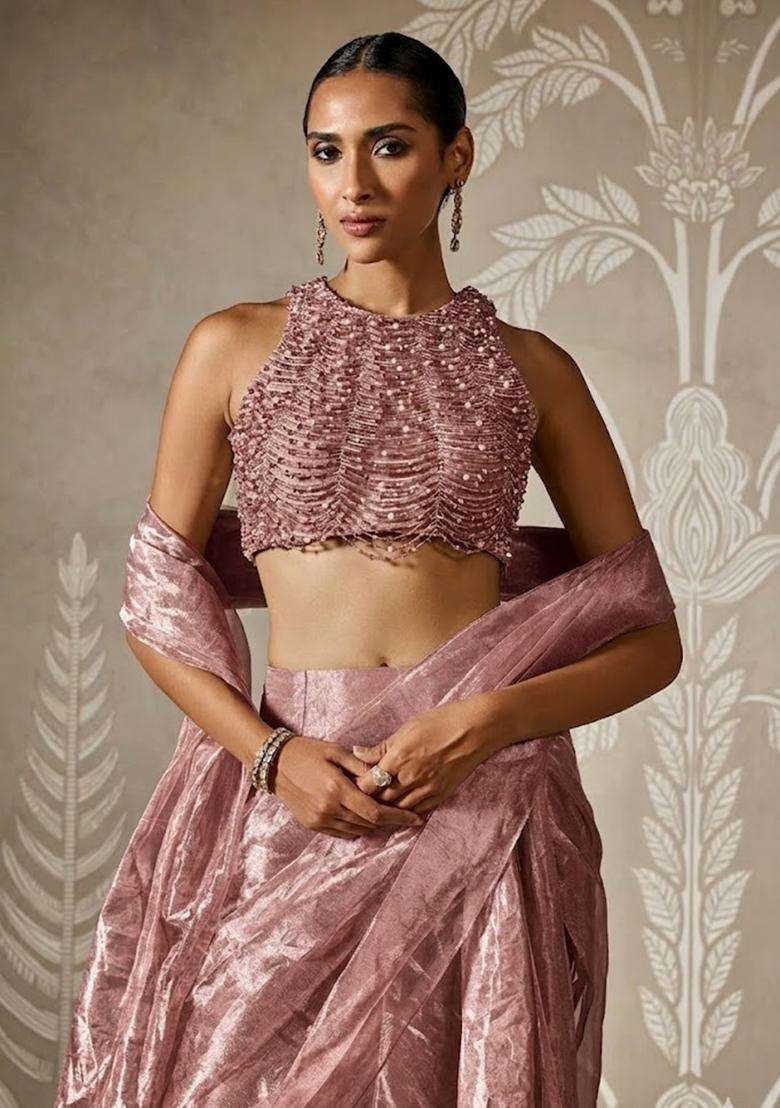 Mauve Hand Work Chinon Pre Draped Saree Set - Indya