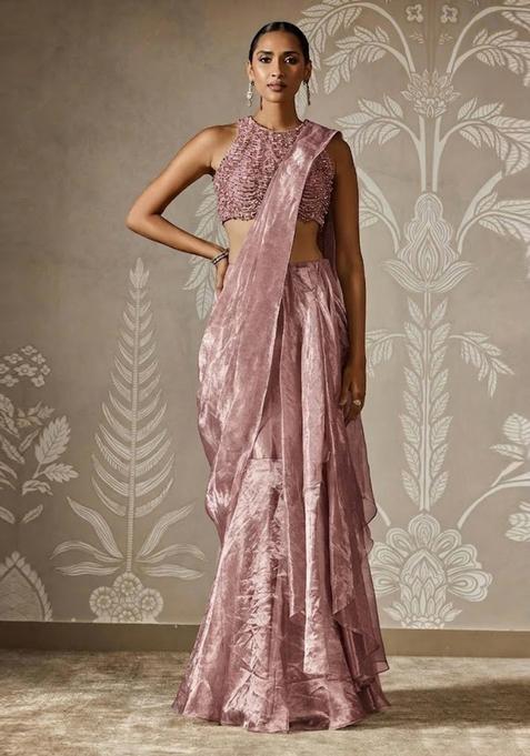 Mauve Hand Work Chinon Pre Draped Saree Set
