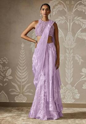 Lavender Hand Work Chinon Pre Draped Saree Set