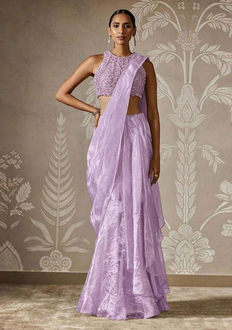 Lavender Hand Work Chinon Pre Draped Saree Set - Indya