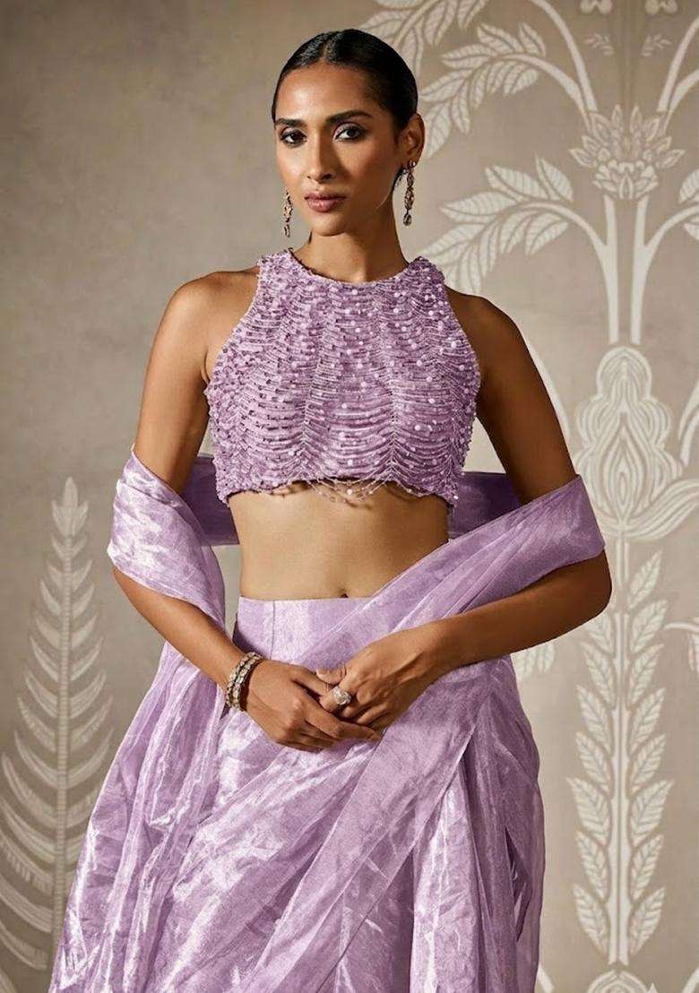 Lavender Hand Work Chinon Pre Draped Saree Set - Indya