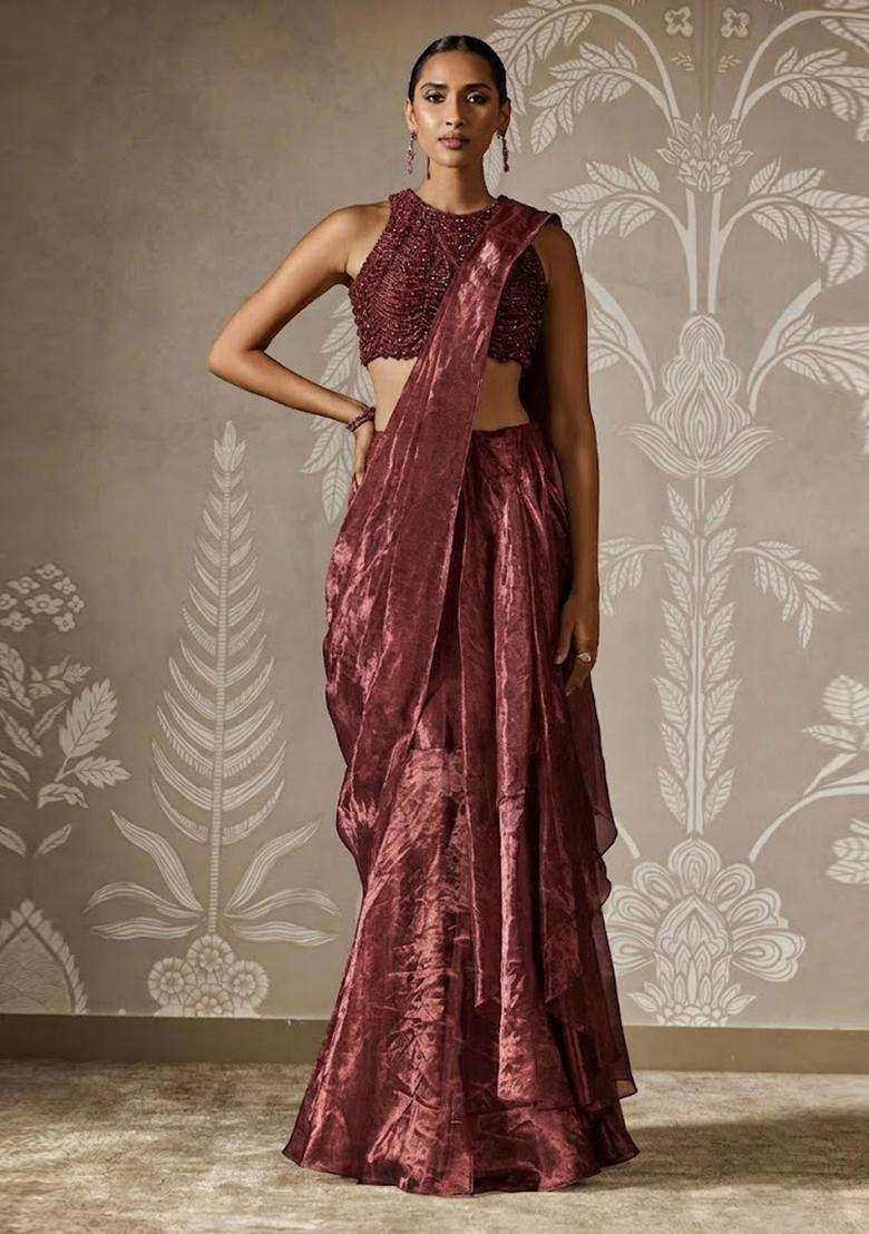 Wine Hand Work Chinon Pre Draped Saree Set - Indya