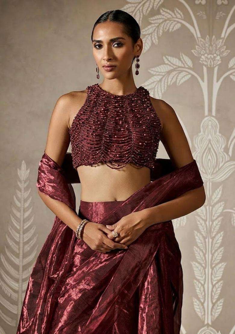 Wine Hand Work Chinon Pre Draped Saree Set - Indya