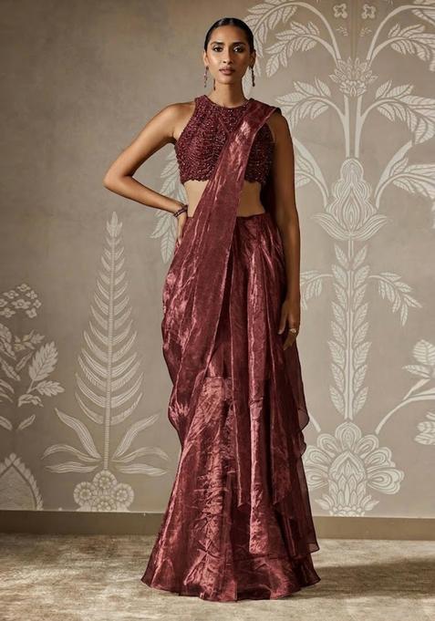 Wine Hand Work Chinon Pre Draped Saree Set