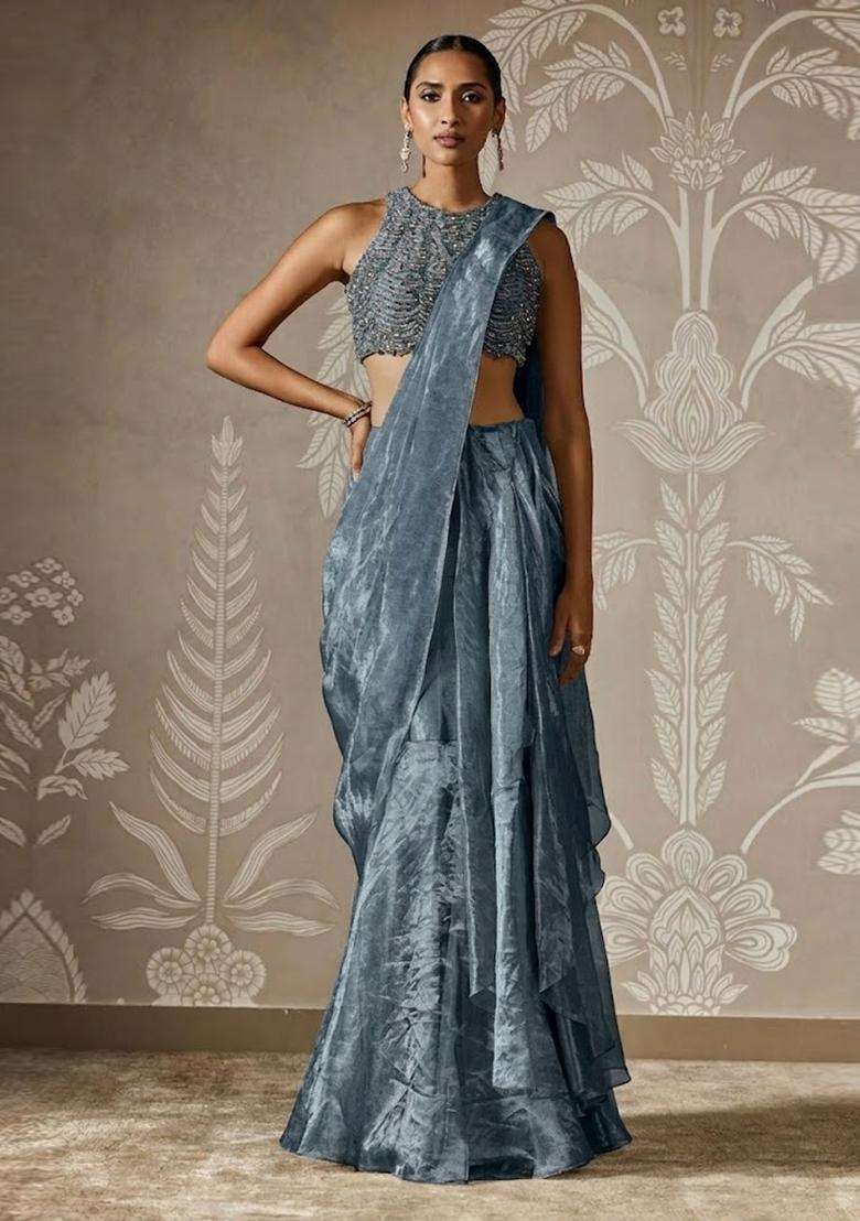 Steel Blue Hand Work Chinon Pre Draped Saree Set - Indya