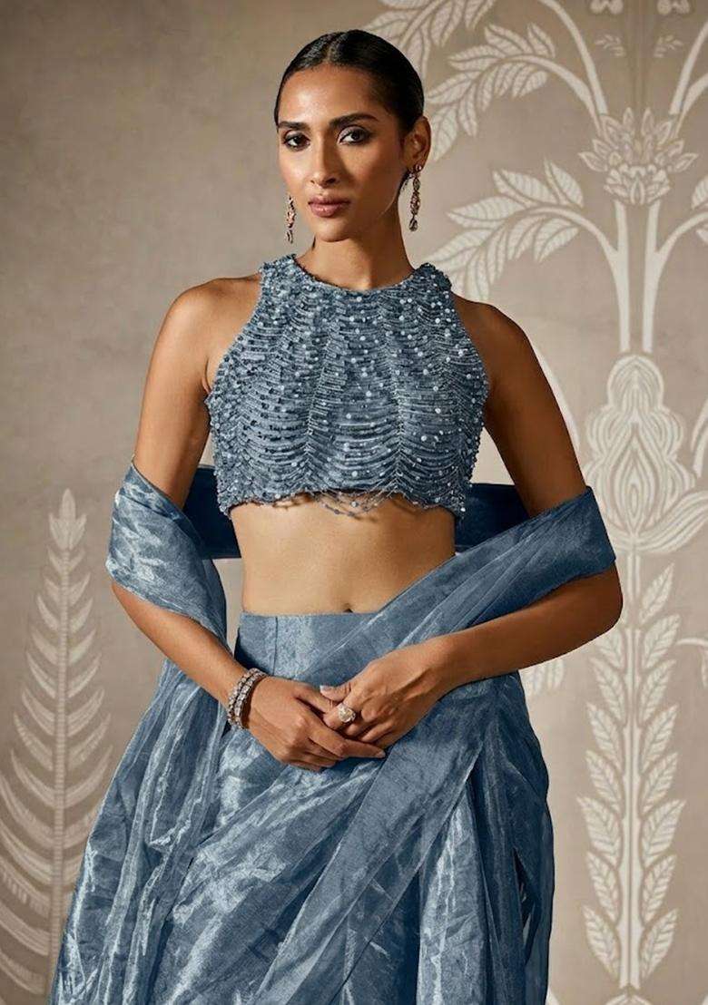 Steel Blue Hand Work Chinon Pre Draped Saree Set - Indya