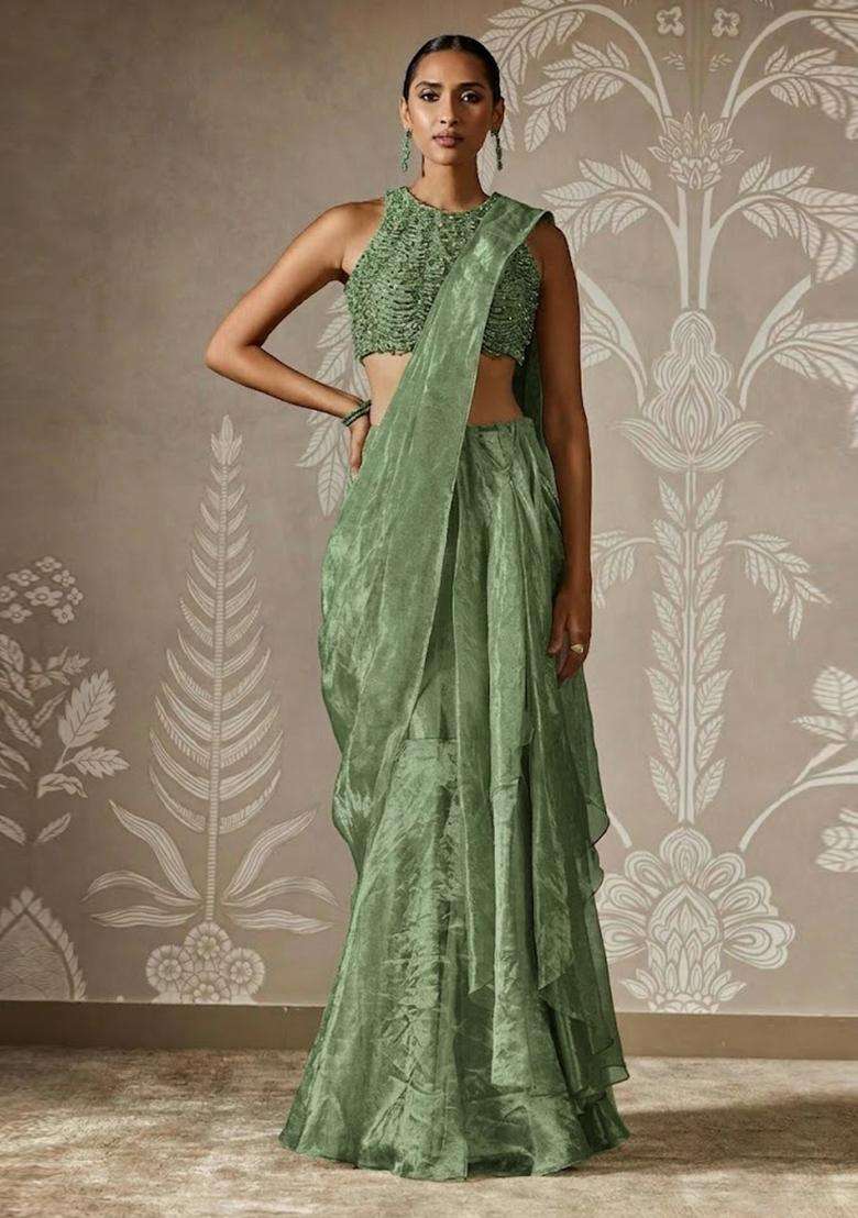Sage Green Hand Work Chinon Pre Draped Saree Set - Indya