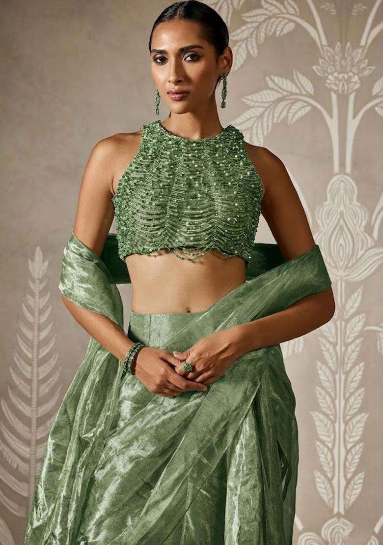 Sage Green Hand Work Chinon Pre Draped Saree Set - Indya