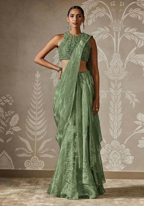 Sage Green Hand Work Chinon Pre Draped Saree Set