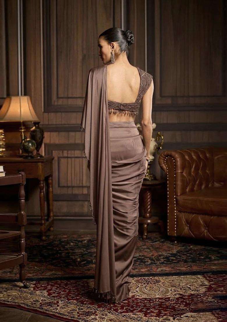 Grey Hand Work Chinon Pre Draped Saree Set - Indya