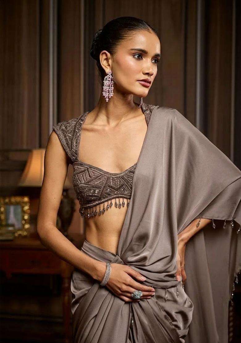 Grey Hand Work Chinon Pre Draped Saree Set - Indya