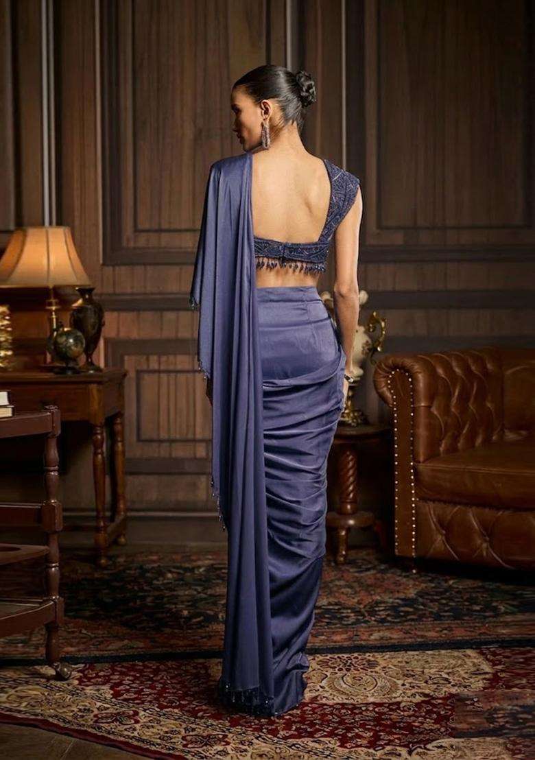 Blue Hand Work Chinon Pre Draped Saree Set - Indya