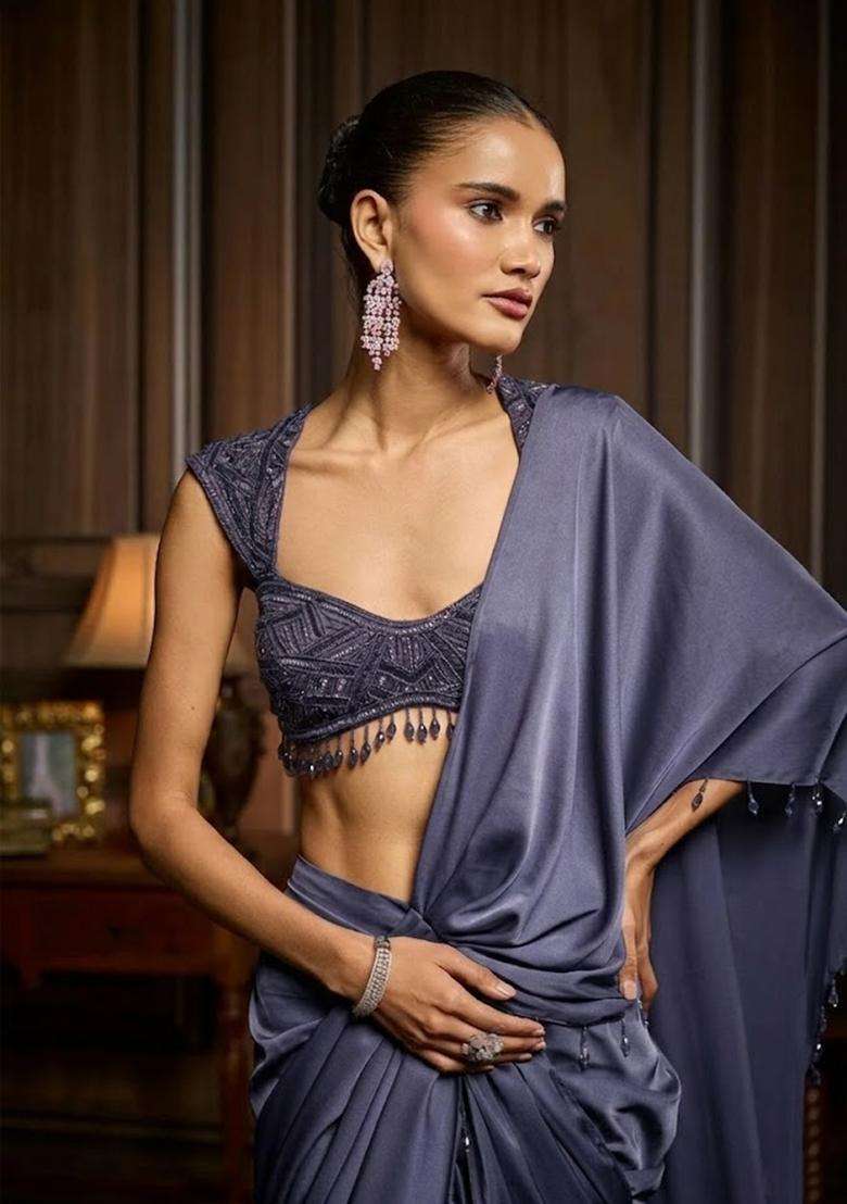 Blue Hand Work Chinon Pre Draped Saree Set - Indya