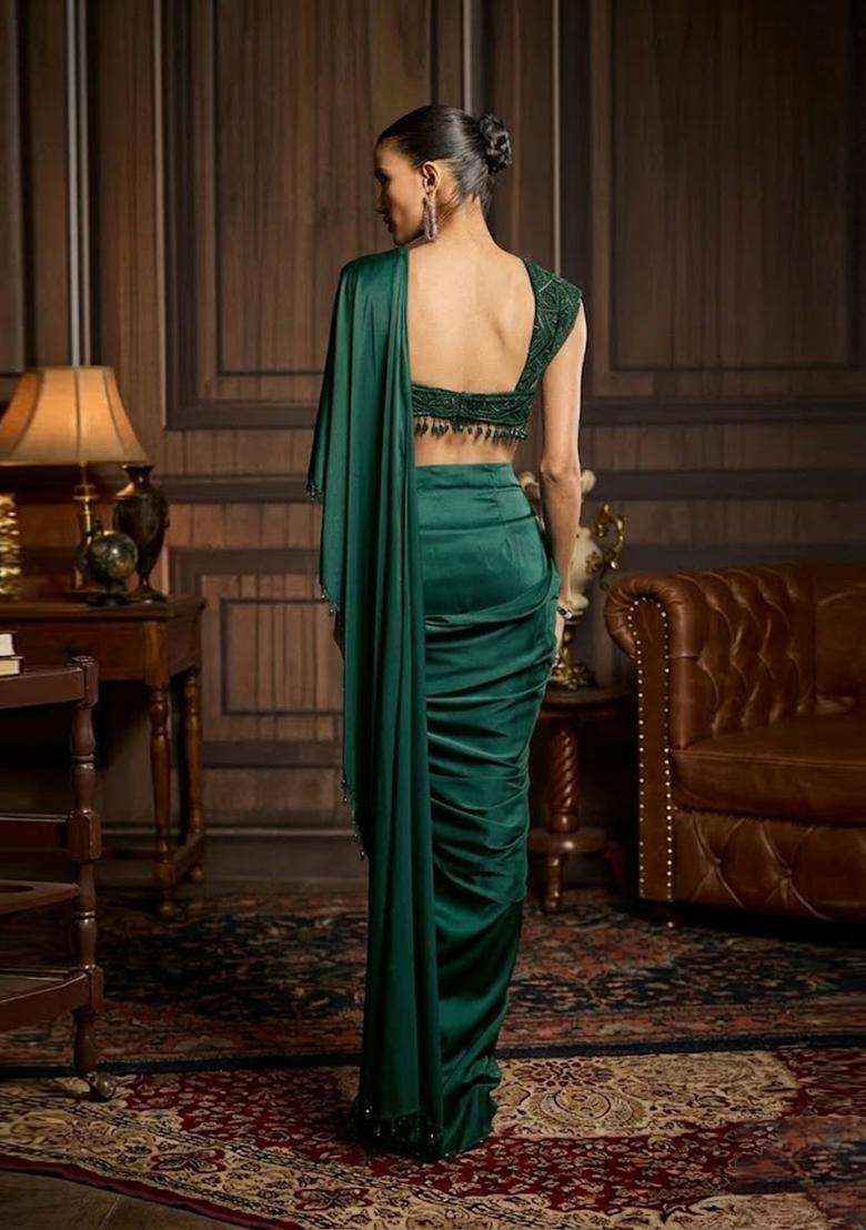 Bottle Green Hand Work Chinon Pre Draped Saree Set - Indya