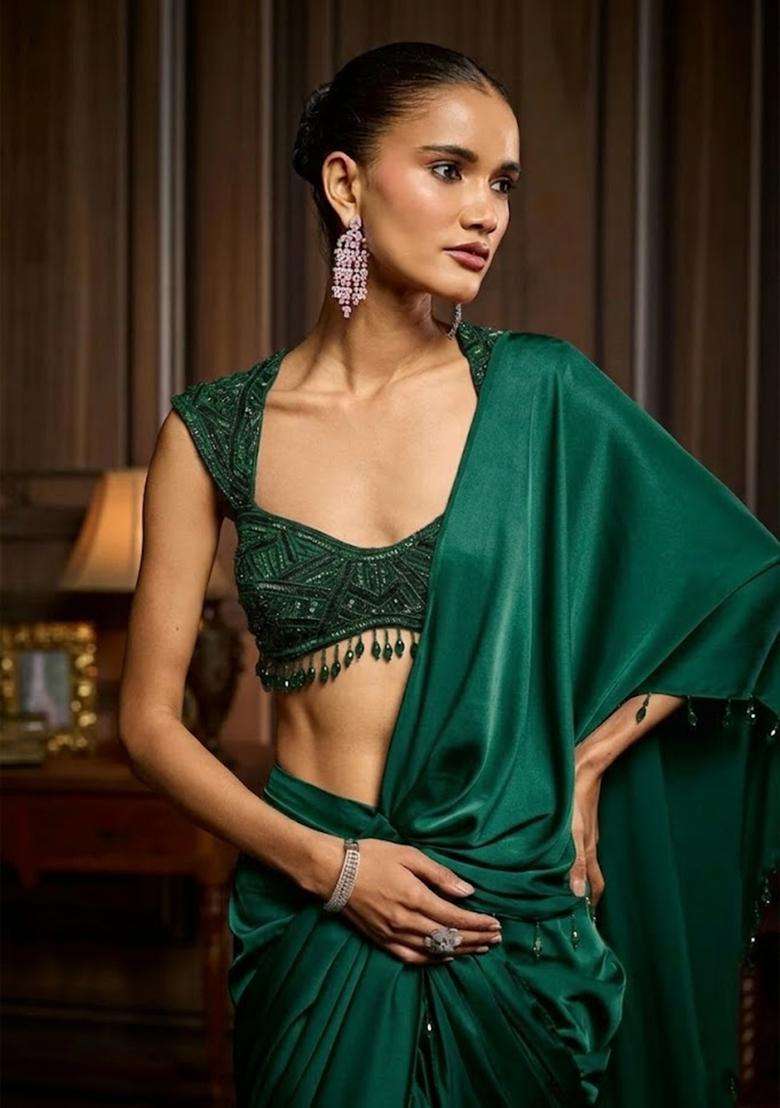 Bottle Green Hand Work Chinon Pre Draped Saree Set - Indya