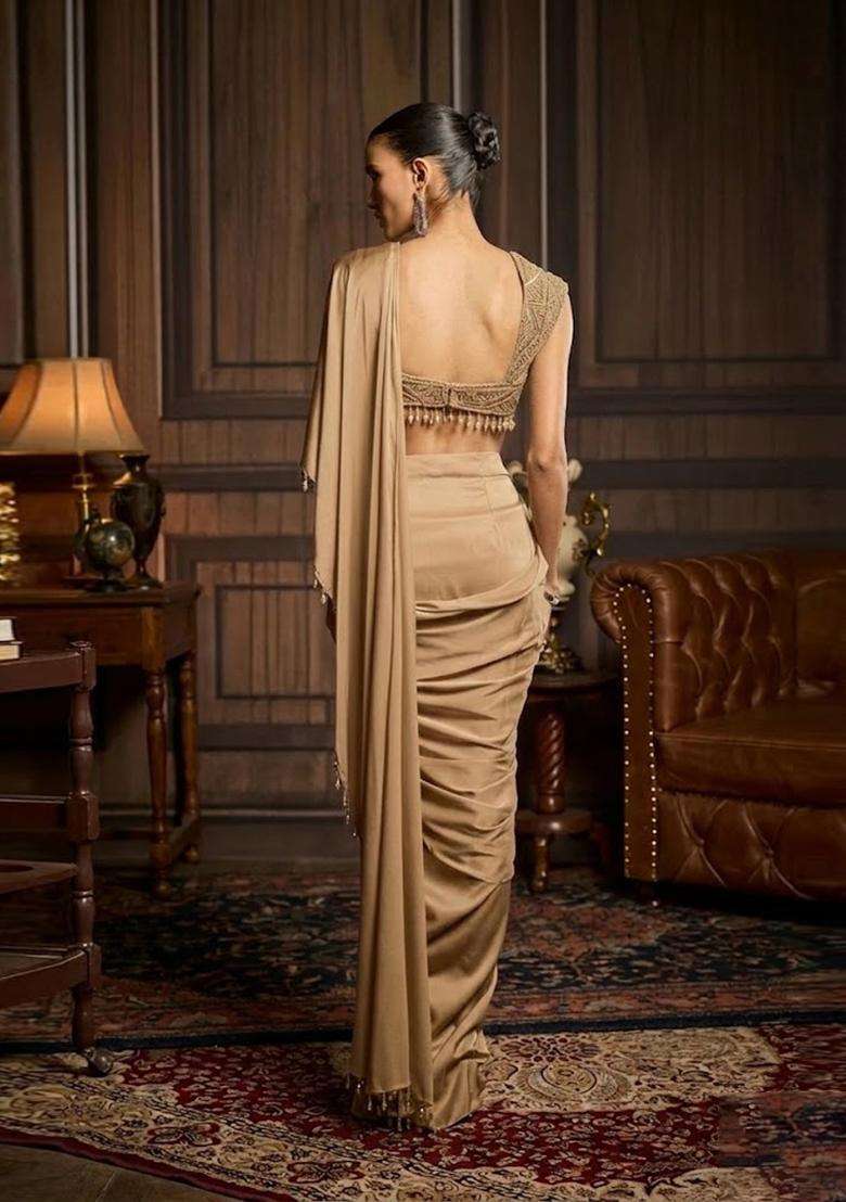 Beige Hand Work Chinon Pre Draped Saree Set - Indya