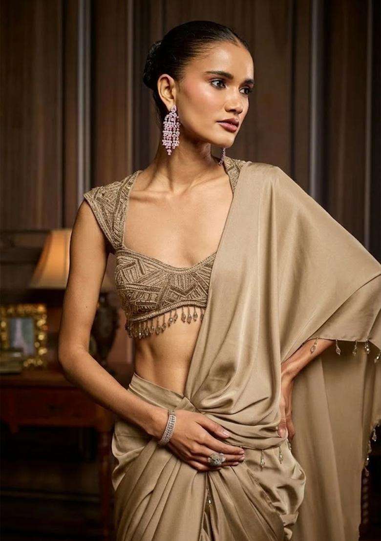 Beige Hand Work Chinon Pre Draped Saree Set - Indya