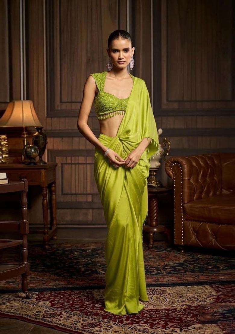 Lime Green Hand Work Chinon Pre Draped Saree Set - Indya