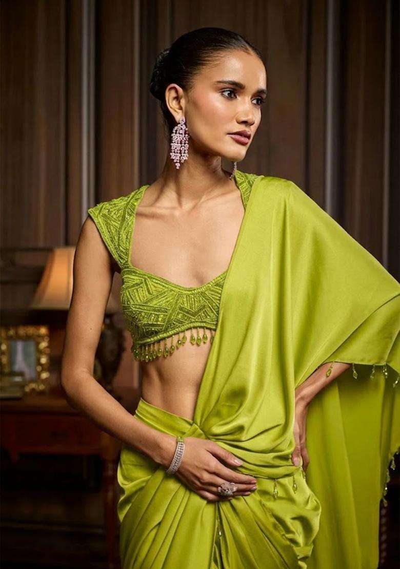 Lime Green Hand Work Chinon Pre Draped Saree Set - Indya