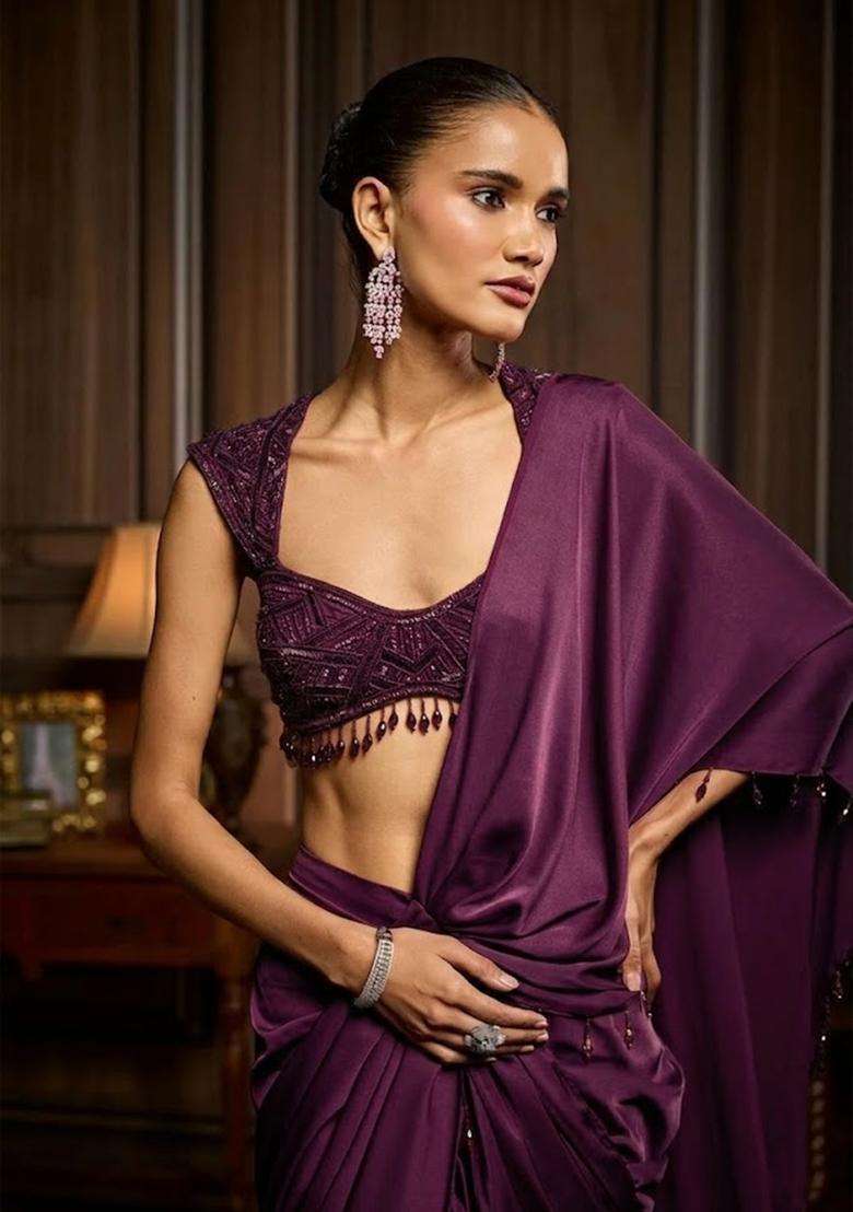 Royal Purple Hand Work Chinon Pre Draped Saree Set - Indya