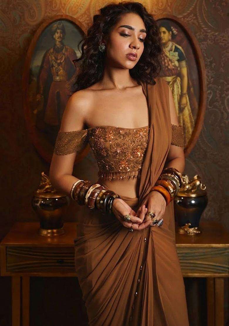 Brown Hand Work Chinon Pre Draped Saree Set - Indya