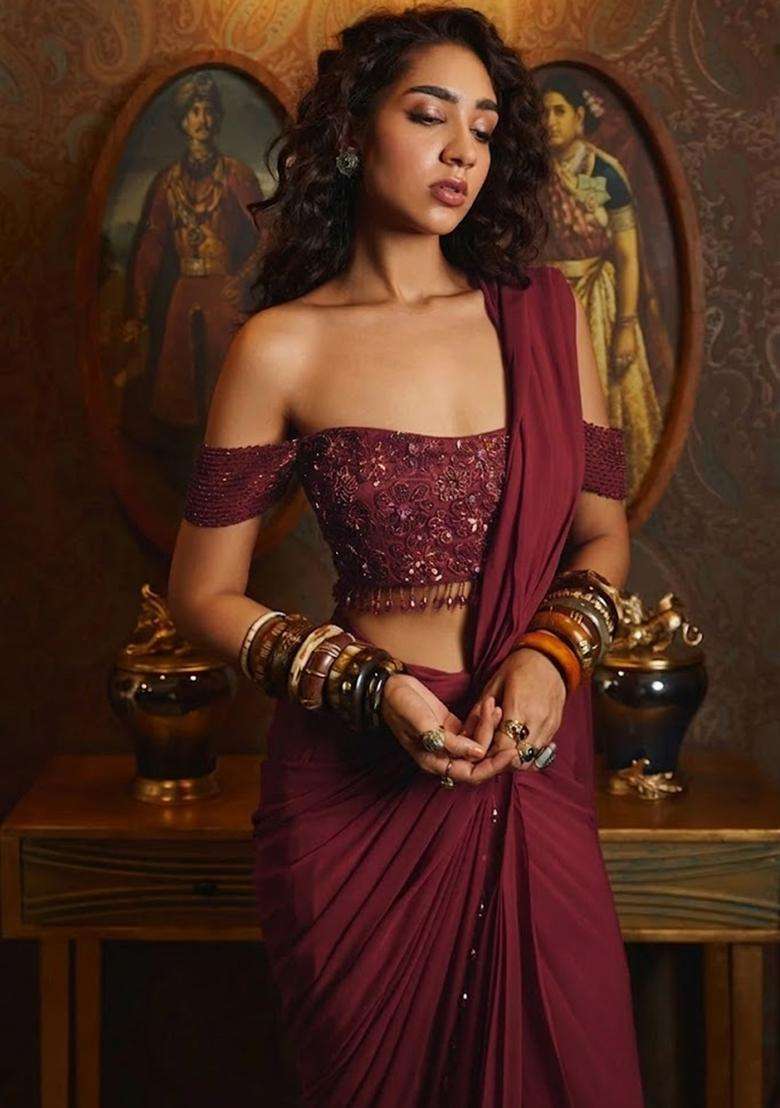 Wine Hand Work Chinon Pre Draped Saree Set - Indya
