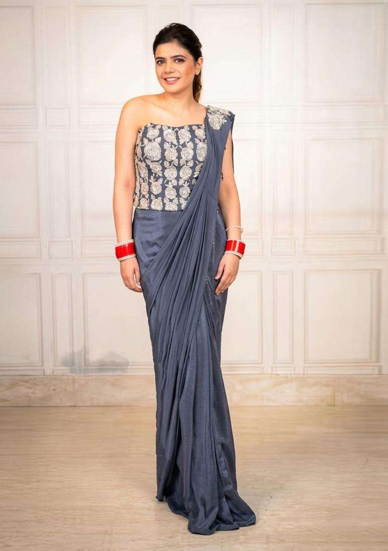 Blue Hand Work Chinon Pre Draped Saree Set - Indya