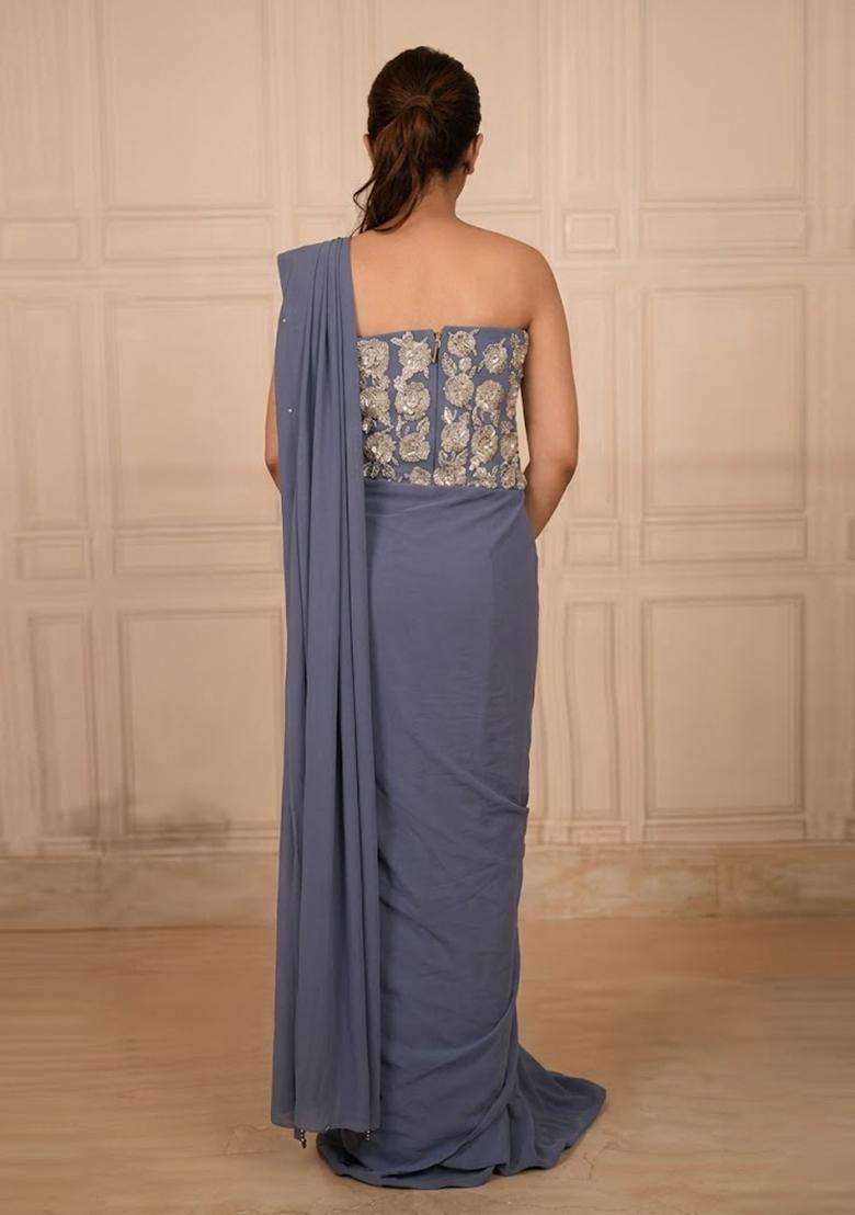 Blue Hand Work Chinon Pre Draped Saree Set - Indya