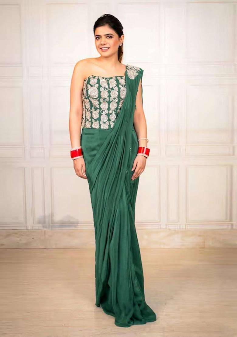Teal Green Hand Work Chinon Pre Draped Saree Set - Indya
